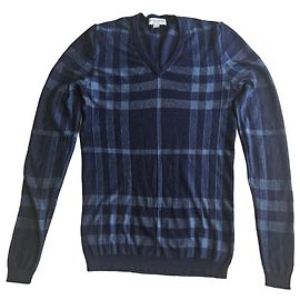Burberry London V-Ausschnitt Wollpullover Karomuster Grau Dunkelblau