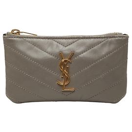 Carteira Saint Laurent em couro cinza com V-Stitch Marrom
