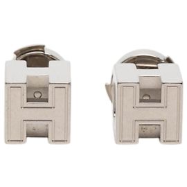 Hermès Hermes Cage d'H H-Cube Stud Earrings Silvery