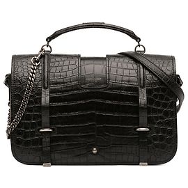 Bolsa Charlotte em couro preto com relevo de crocodilo Saint Laurent Large Preto