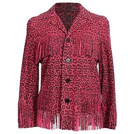 Saint Laurent Leopard-Print Fringed Jacket in Pink Goat Leather Pink