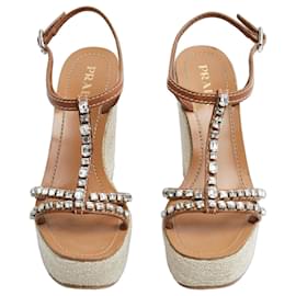 Prada Diamond Embellished Leather Wedge Sandals Camel