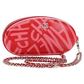 CHANEL Chain Pouch Shoulder Bag Leather Red Silver CC Auth BA12817SAM Silvery Red