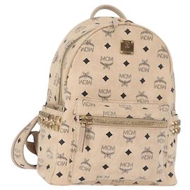 Mochila MCM Vicetos Logogram PVC Leather Ivory Gold Auth 179462 Dourado Cru