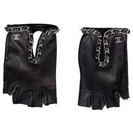 Luvas sem dedos Chanel em couro preto - Tamanho 7 Sem uso Outro