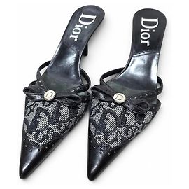 VINTAGE Y2K DIOR TROTTER MONOGRAM BOW POINTED MULE KITTEN HEELS IT 37.5 US 7.5 Black Dark grey Navy blue