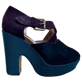 Rochas Suede and Fabric Wedge Sandals Light blue Dark blue Dark purple
