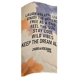Zadig & Voltaire Bufanda estampada "Laugh Breathe Live" Blanco Azul Beige Naranja Gris