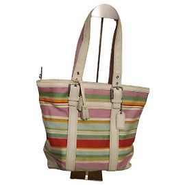 Sacola Coach em lona listrada multicolorida e couro Rosa Branco Vermelho Multicor Bege Verde Laranja