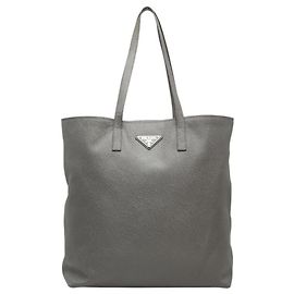 Prada Triangle Logo Plate Tote Bag in Gray Saffiano Leather Brown