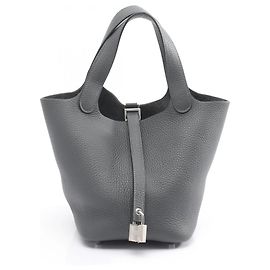 Hermès Bolsa Hermes Picotin Lock PM em Gris Misty Marrom