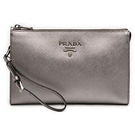 Prada Silver Metallic Saffiano Wristlet Clutch Silber