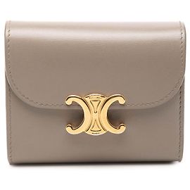 Céline Celine Brown Shiny Calfskin Triomphe Flap Small Wallet Brown Taupe