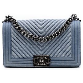 Chanel Blue Old Medium Chevron Denim Boy Flap Bleu Bleu clair