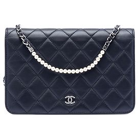 Chanel Blue CC Quilted Lambskin Pearl Strap Wallet on Chain Blue Dark blue