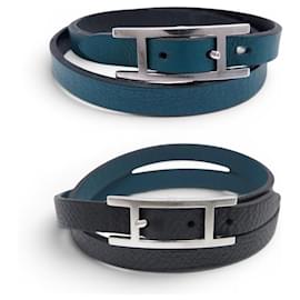 Hermès HERMES BEHAPI DOUBLE WRAP BRACELET IN SWIFT LEATHER BLUE EPSOM BLACK T16 BANGLE Other
