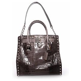 Michael Kors, bolsa tote Hamilton em couro com relevo de crocodilo cinza com ferragens prateadas. Cinza