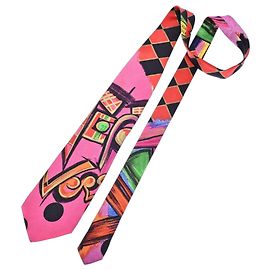 Gianni Versace Abstract Print Silk Tie Black Pink Green Orange