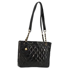 CHANEL Matelasse Chain Tote Bag Cuir Verni Noir Or CC Auth bs35172 Noir Doré