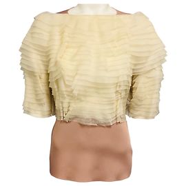 Top in chiffon di seta multistrato e nylon elasticizzato Lanvin Ivory / Nude Beige