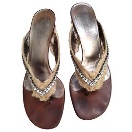 Dolce & Gabbana Sandali Tongs in Pelle Marrone Decorati Marrone