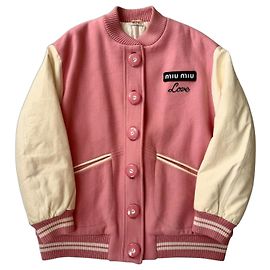 Miu Miu Varsity Jacke Wolle Lammleder Weiß Aus weiß