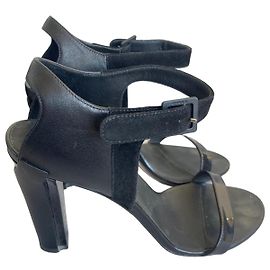 Chanel Black Leather and Suede Heeled Sandals Black