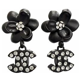Boucles d'oreilles Chanel Vintage 02A Camellia Coco Mark Strass Noir