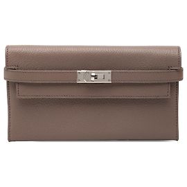 Cartera Kelly Longue Hermès en Chevre Mysore marrón Castaño Gris pardo