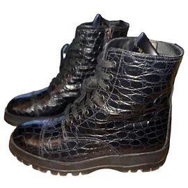 Prada Black Crocodile Embossed Leather Lace-Up Ankle Boots Black