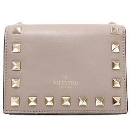 Cartera de cuero bi-fold Rockstud para mujer Valentino Beige