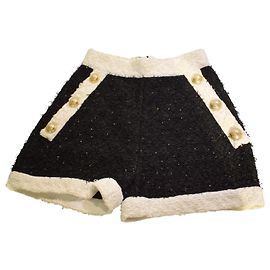 BALMAIN Paris Short en tweed noir à sequins à taille haute Bouton lion doré FR 38 US 6 Noir