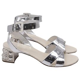 Miu Miu Crysta- Embellish Sandal Heels in Silver Patent Leather Silvery Metallic