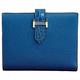 Hermès Hermes Bearn Compact Alligator Calfskin Wallet Blue