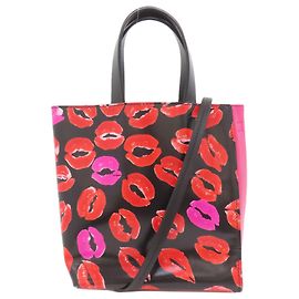 Marni Museo Lip Pattern 2-Way Leather Handbag Black Pink