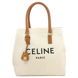 Céline Celine Horizontal Cabas Canvas Handbag Brown White