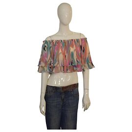 Etro Milano Plissée Multicolor Off-Shoulder Crop Top Pink Blau Mehrfarben Beige Grün
