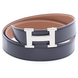 Hermès Cinturón reversible Hermes H-Storie Noir Gold Castaño Negro Plata