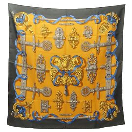 Lenço Hermès Carre 90 Ferronnerie Marrom Azul Amarelo