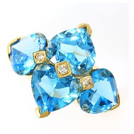 Autre Marque 18K Yellow Gold Band Ring with Blue Topaz and Diamond Blue Golden