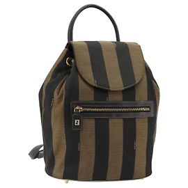 FENDI Pecan Canvas Backpack PVC Black Brown gold Auth 179228A Brown Black Golden