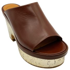 Chloé Brown Leather Oli Metallic Coated Cork Platform Mule Sandals Brown