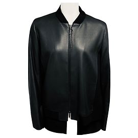 Akris Punto Black Perforated Lamb Leather and Wool Knit Zip Front Jacket Black
