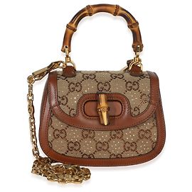 Gucci Camel GG Supreme Canvas Pele de Bezerro Crystal Small Bamboo 1947 Top Handle Marrom