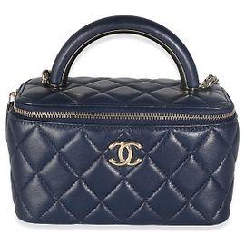 Chanel Navy Quilted Lambskin Top Handle Vanity Case With Chain Blue
