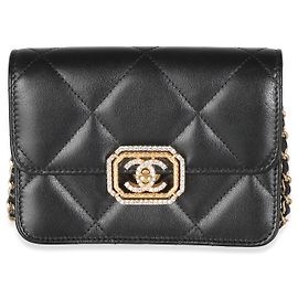 Mini bolso flap Chanel de piel de becerro acolchada negra y strass Negro