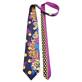Gianni Versace Corbata de seda estampado Barocco Azul Púrpura Amarillo Gold hardware