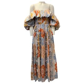 Ulla Johnson Izra Off Shoulder Maxi-Kleid aus Ocean Jasper Brokat Pink
