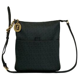 Fendi Zucchino FF Pattern Logo Hardware Leather Shoulder Bag Black