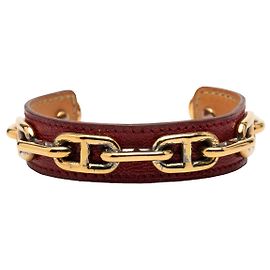 Hermès Red Leather and Gold Plated Chaine d Ancre Cuff Bracelet Red Dark red